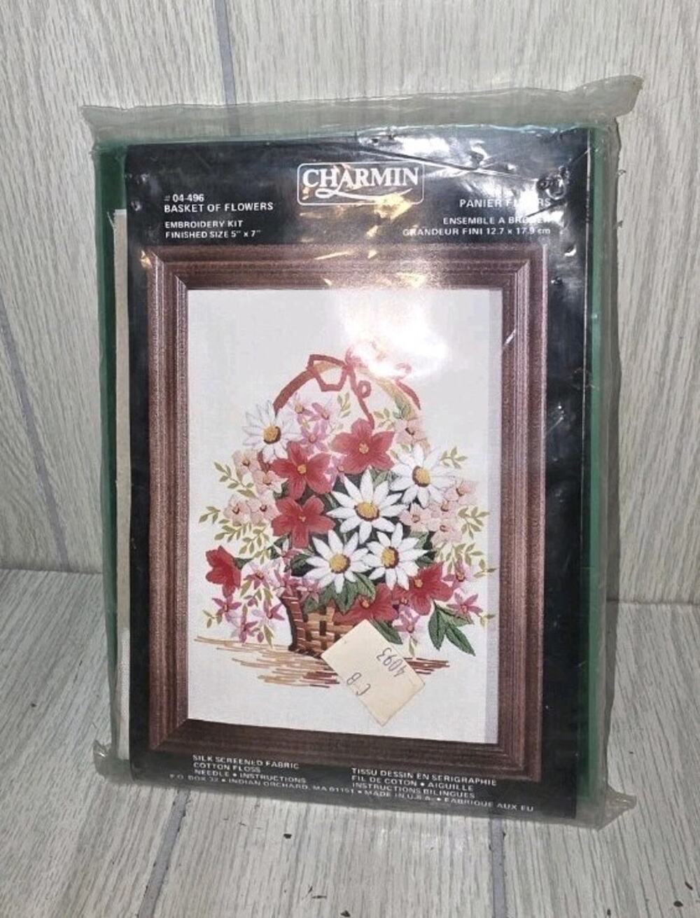 Vtg Charmin Basket Of Flowers Embroidery Kit 5 x 7 New Silk Screen Needlepoint